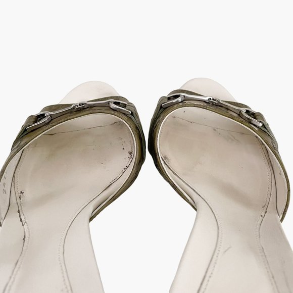 Gucci Horsebit Mules EU 39 US 9 Green GG Peep Toe Buckle High Heel Slide Sandals - Picture 5 of 12